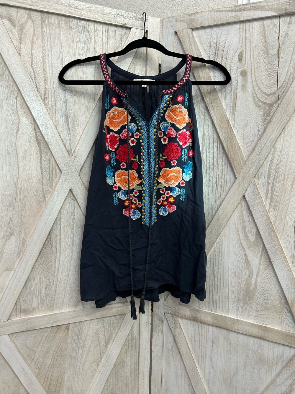 ANDREE BY UNIT Black Embroidered Floral Halter Tank